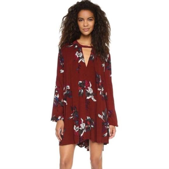 Free People Electric Orchid Print Tree Swing Tunic - Scarlet Combo - Picture 1 of 12